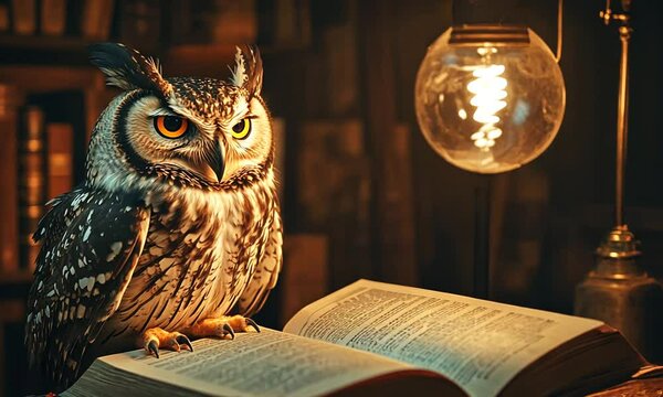 An owl perched on an open book, illuminated by a hanging light in a cozy setting.