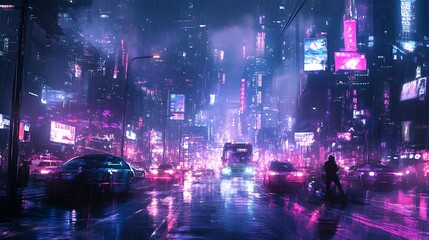 Fototapeta premium Neon-Soaked Cyberpunk Cityscape with Futuristic Streets and Wet Reflections Photo