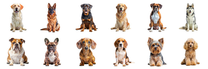 Various dog breeds sitting isolated on transparent background. Labrador, German Shepherd, Poodle, and more in PNG collection
