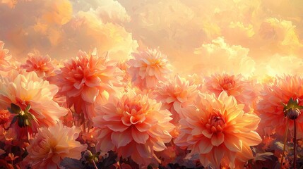 Fototapeta premium Dreamlike Dahlia Floral Landscape at Sunset with Vibrant Blooms
