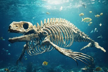 Ancient Sea Creature Skeleton Underwater &ndash; A Stunning 3D Rendering of Prehistoric Marine Life