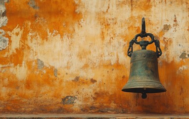 Fototapeta premium A vintage bronze bell against a backdrop of a weathered orange wall, showcasing the unique combination of antiquity and character