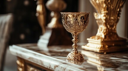 Elegant golden goblet resting on a marble table, surrounded by opulent decor, exuding a sense of wealth and luxurious refinement
