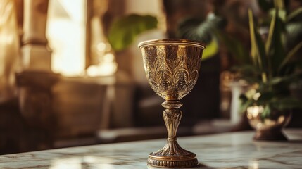 Golden goblet placed on a marble table, surrounded by rich, opulent decor, representing wealth, sophistication, and luxury