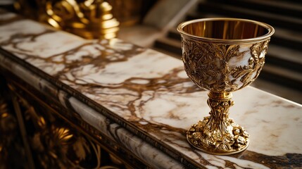 Fototapeta premium Ornate golden goblet resting on a polished marble table, framed by opulent decor, exuding wealth, elegance, and refinement