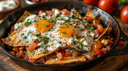Delicious Mexican Breakfast Chilaquiles with Eggs  Black Beans  and Corn