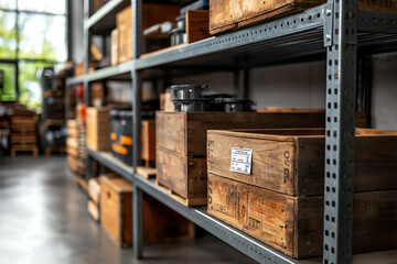 Exploring a modern warehouse a glimpse into industrial storage solutions with wooden crates and shelving units