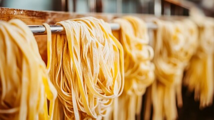 A close-up shot of freshly made pasta hanging on a wooden drying rack