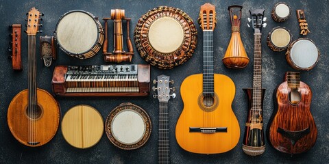 A vibrant display of traditional and modern music instruments from different cultures and genres.