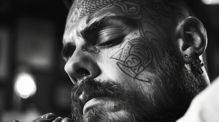 Black and White Portrait of a Man with Facial Tattoos and a Beard