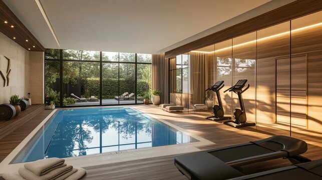Modern house interior with a private gym and spa pool area, showcasing clean lines and soft lighting.