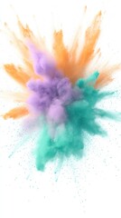 Obraz premium A colorful explosion of powder in shades of orange, purple, and teal against a white background.