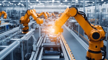 Robots building parts in a tech space