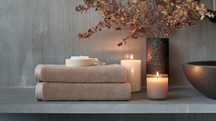 Warm-toned bathroom towels and scented candles on a shelf, adding autumn charm to a modern space