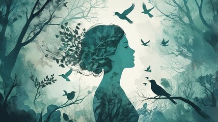 Birds, branches, and a woman in a nature-themed overlay, promoting environmental awareness through art.