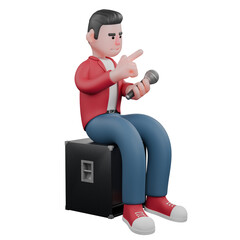 3D Character of Male Singer.  A male singer sits on a speaker while holding a mic in his left hand and his right hand points forward. Music Performer