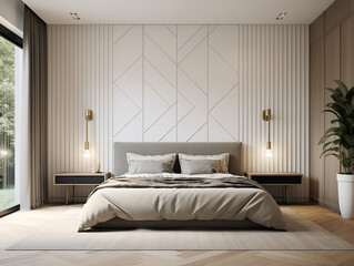 Living room interior in modern minimalist style with wooden panneling. Neutral and light colors interior with wood wall panels. Wood panneling walls.
