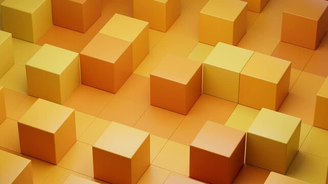 Abstract 3d looping yellow metallic Cubes are moving Background. Metal cube, block pattern wall. 3D rendering.

