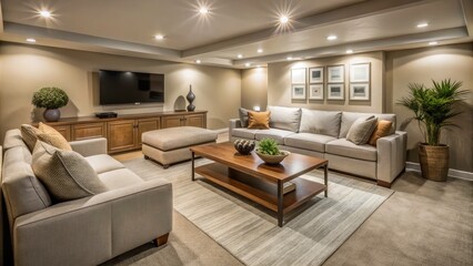 Fototapeta premium Cozy Finished Basement Remodel for Entertainment with Minimalist Design Elements, Comfortable Seating, Soft Lighting, and Inviting Atmosphere for Relaxation and Socializing