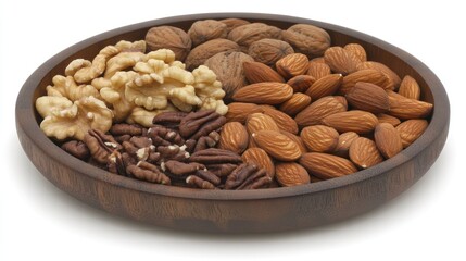 Obraz premium A wooden bowl filled with assorted nuts, showcasing a variety of textures and colors.
