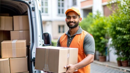 An Indian delivery driver unloading packages from a delivery truck in a city environment.
