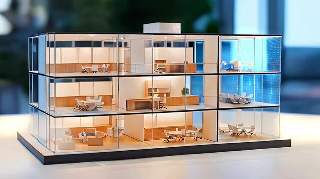 A miniature glass building model with multiple floors and rooms, viewed from a low angle.