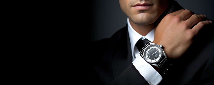 A well-dressed man showcases an elegant watch in a dark setting, highlighting style and sophistication during a formal event