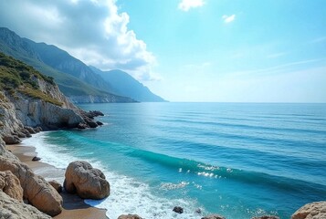 Azure Waves Gently Kiss the Rocky Shore