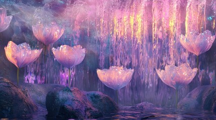 Ethereal Crystal Tulip Waterfall   Captivating Digital Floral Landscape