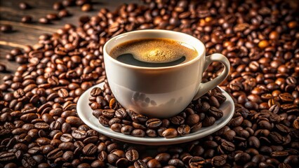 Fototapeta premium Dark Coffee in a White Cup with Coffee Beans on Top - Captivating Food Photography, Rich Aroma, Gourmet Coffee Experience, Coffee Lovers Delight, Perfect Brew, Morning Ritual, Elegant Presentation