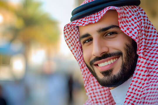 Portrait Of A Confident Arab Businessman Wearing UAE Emirati Traditional Dress