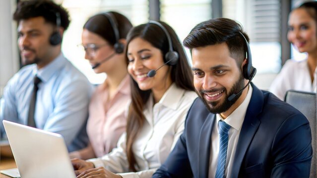 An Indian customer experience manager training a team of customer service representatives in a call center.
