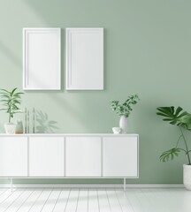 」 「緑色の壁、白いサイドボード、2つの白い額縁を備えたモダンでミニマルなリビングルームのインテリア。アート作品やデザインの展示に最適です。」