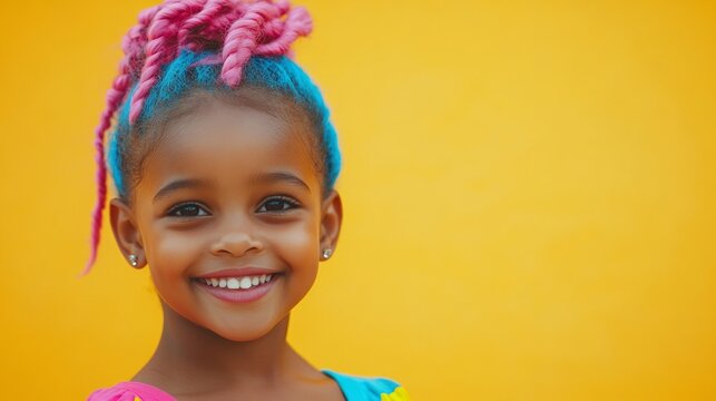 An African  girl with pink and blue afro long cornrows  Happy expression. Yellow background. Copy space
