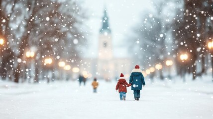 Santa Claus arriving in a winter wonderland with glowing streetlights, children playing in the snow, Santa Claus, holiday, snow