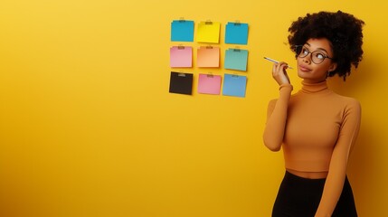 Independent black female intern with big afro hairdo and a holding pen pondering what to write on colorful notes with isolated orange background and copy space
