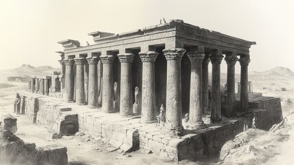 Obraz premium Ancient temple ruins with columns in a barren landscape.