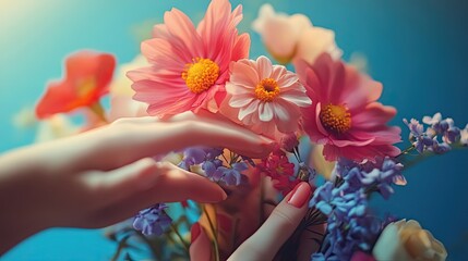 A Hand Gently Caressing a Bouquet of Delicate Pink and Purple Flowers