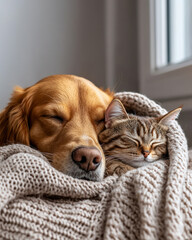 A dog and cat napping together, A cozy moment of a dog and cat sleeping peacefully together in a warm blanket, showcasing their friendship and comfort.