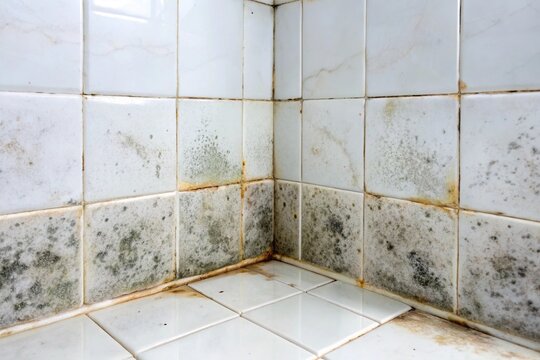 Mold growing on shower grouted joints tile in bathroom corner