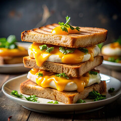 A delicious stack of grilled sandwich with cheese on top of them.