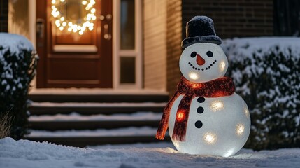 Festive snowman by a decorated door