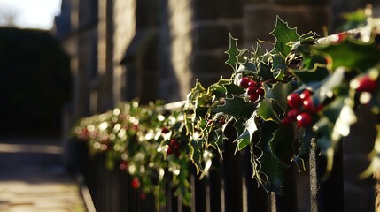 Festive holly decoration on a fence