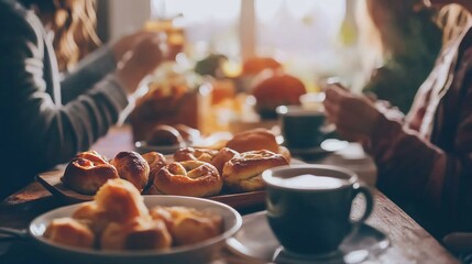 Gathering with pastries and coffee.