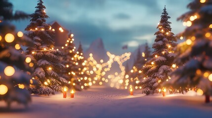Snowy path with glowing Christmas trees
