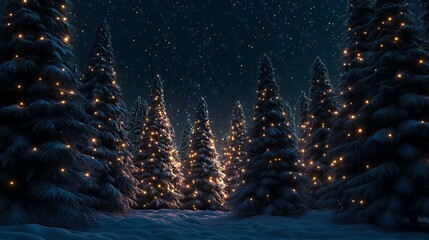 Snowy forest with glowing Christmas trees