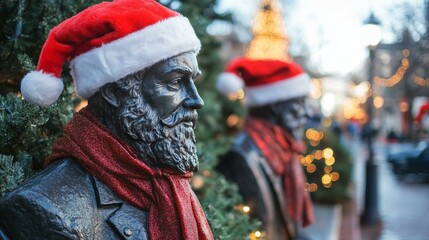 Statues in Christmas hats and scarves, festive.