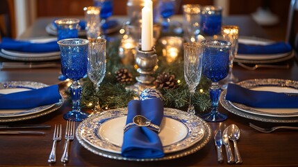 Elegant blue-themed dining table setting