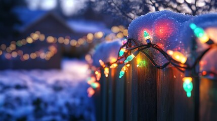 Festive lights on a snowy fence at night.