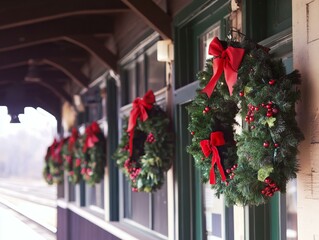 Christmas wreaths on a decorated station.